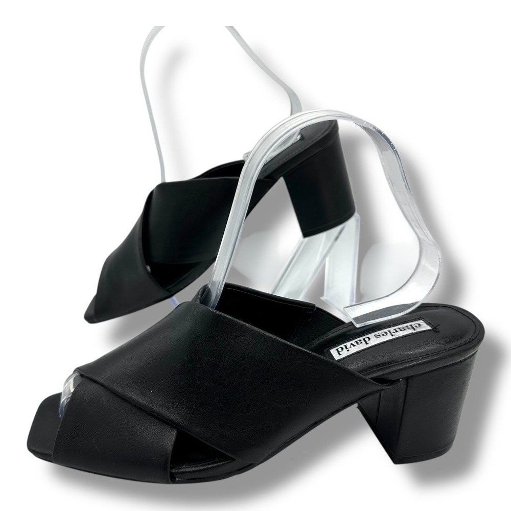 Charles David Black Leather Criss Cross Block Heel Mules Women's Size 7.5